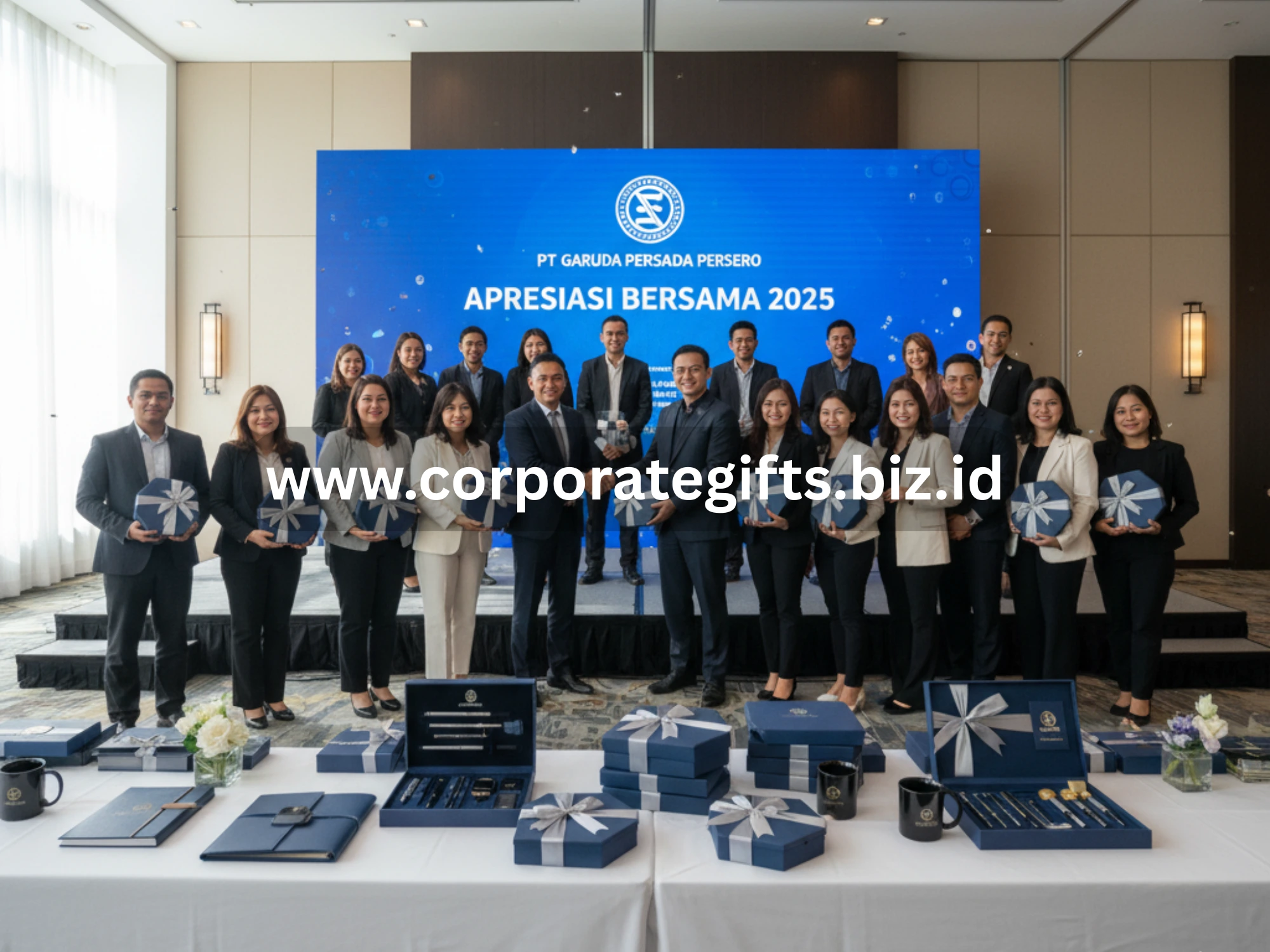 Tim perusahaan persero menyerahkan souvenir kepada karyawan dan mitra